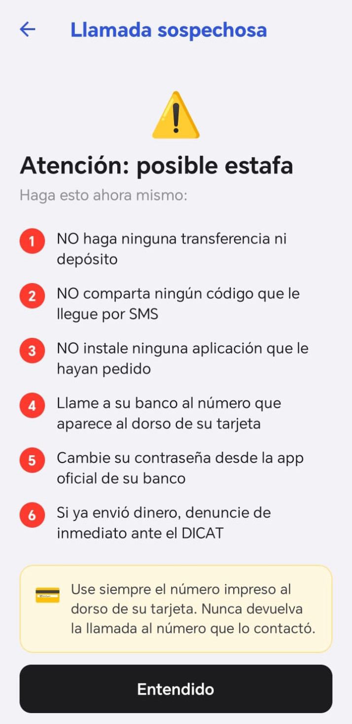 Pantalla «Atención: posible estafa», con los pasos a seguir